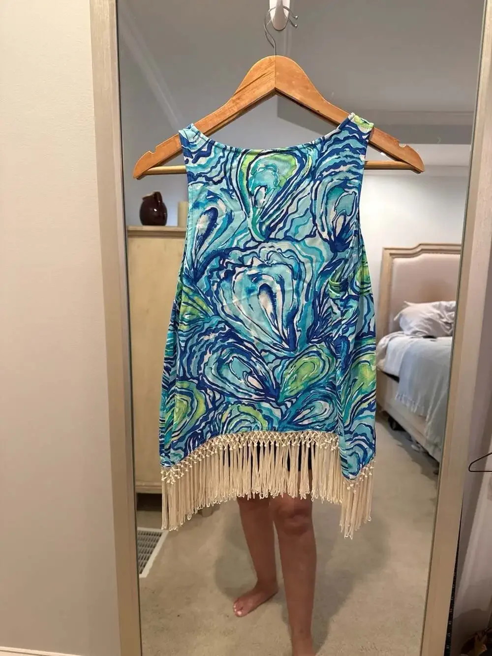 Lilly Pulitzer Sonya Sleeveless Fringe Top in Oh Shucks Blue Oyster Print Size 2